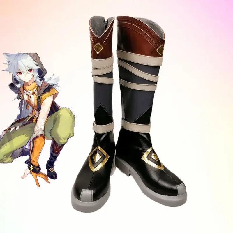 Anime Genshin Impact Razor Cosplay Shoes Black Medium-Long PU Leather Boots For Halloween Carnival