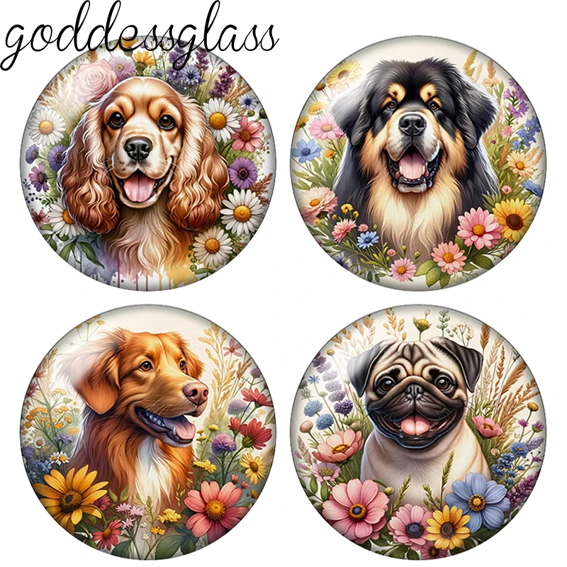 ‌Cute Dogs among the Flowers sheepdog Bulldog 10pcs 12mm/20mm/25mm Round photo demo glass cabochon flat back Making fittings