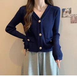 Women's V-Neck Hollow Long Sleeve Cardigan, Knitted Sweater, Single Breasted, Navy Blue Tops, Autumn Knitwear, 2024