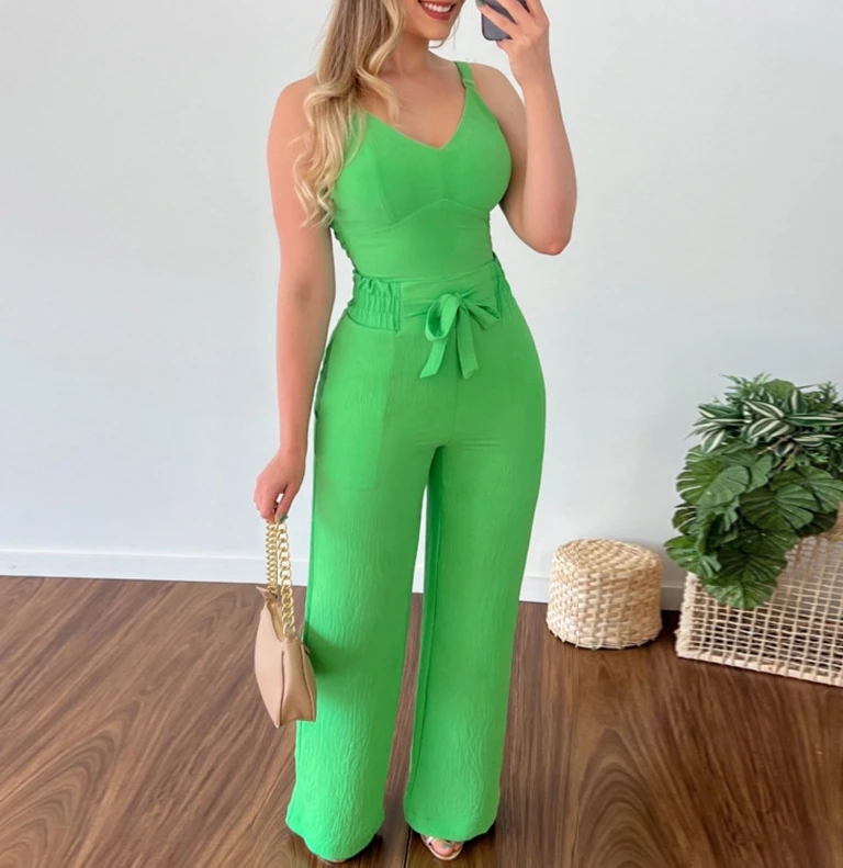 

Two Piece Set Women 2024 Summer Sweet Style V-Neck Short Vest with Tie Up High Waist Patch Pocket Straight Leg Pants Casual Set