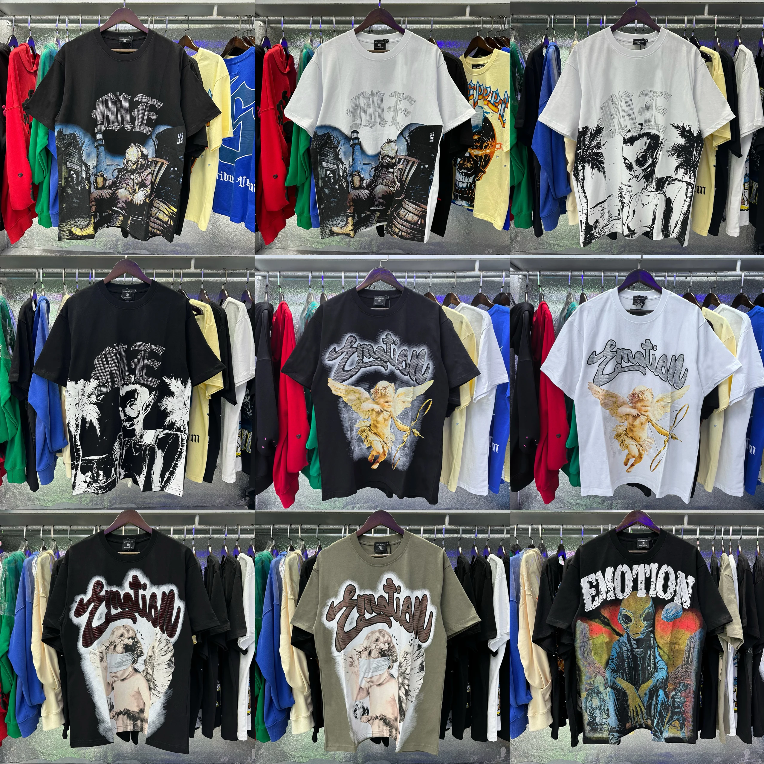 Retro American Street Mixed Emotion Rhinestone Printed Short Sleeve T-Shirt Unisex Loose Fit Fashion Urban Style Summer Top