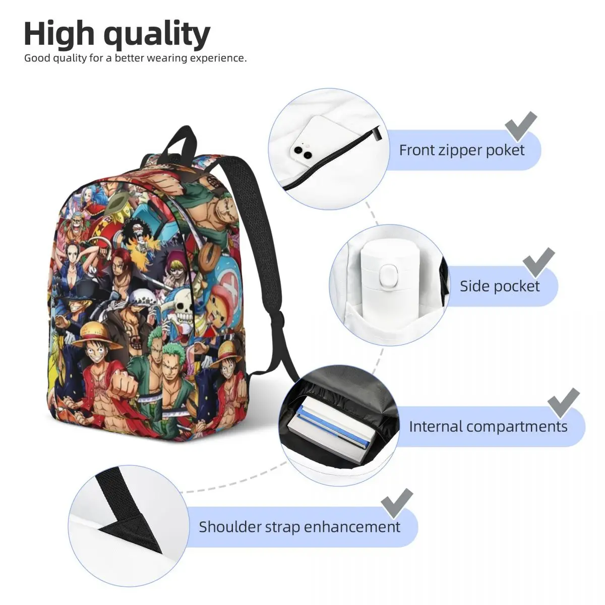 D Luffy Wanted Classical Backpack Outdoor High School Work Japanese Anime Day Pack for Men Women Laptop Canvas Bags