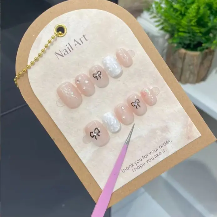 10pcs Bowknot Fake Nails with Glue Dreamy Mermaid False Nails Short Square Handmade Press on Nail Pearl Shimmer Nails Press Ons