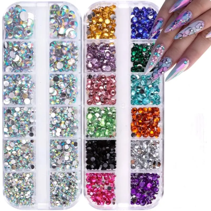 

Коробка с 12 сетками, смешанные бусины для дизайна ногтей со стразами, AB, хрустальные ювелирные изделия с плоской задней частью, драгоценные камни с органайзером для хранения для разноцветного дизайна ногтей
