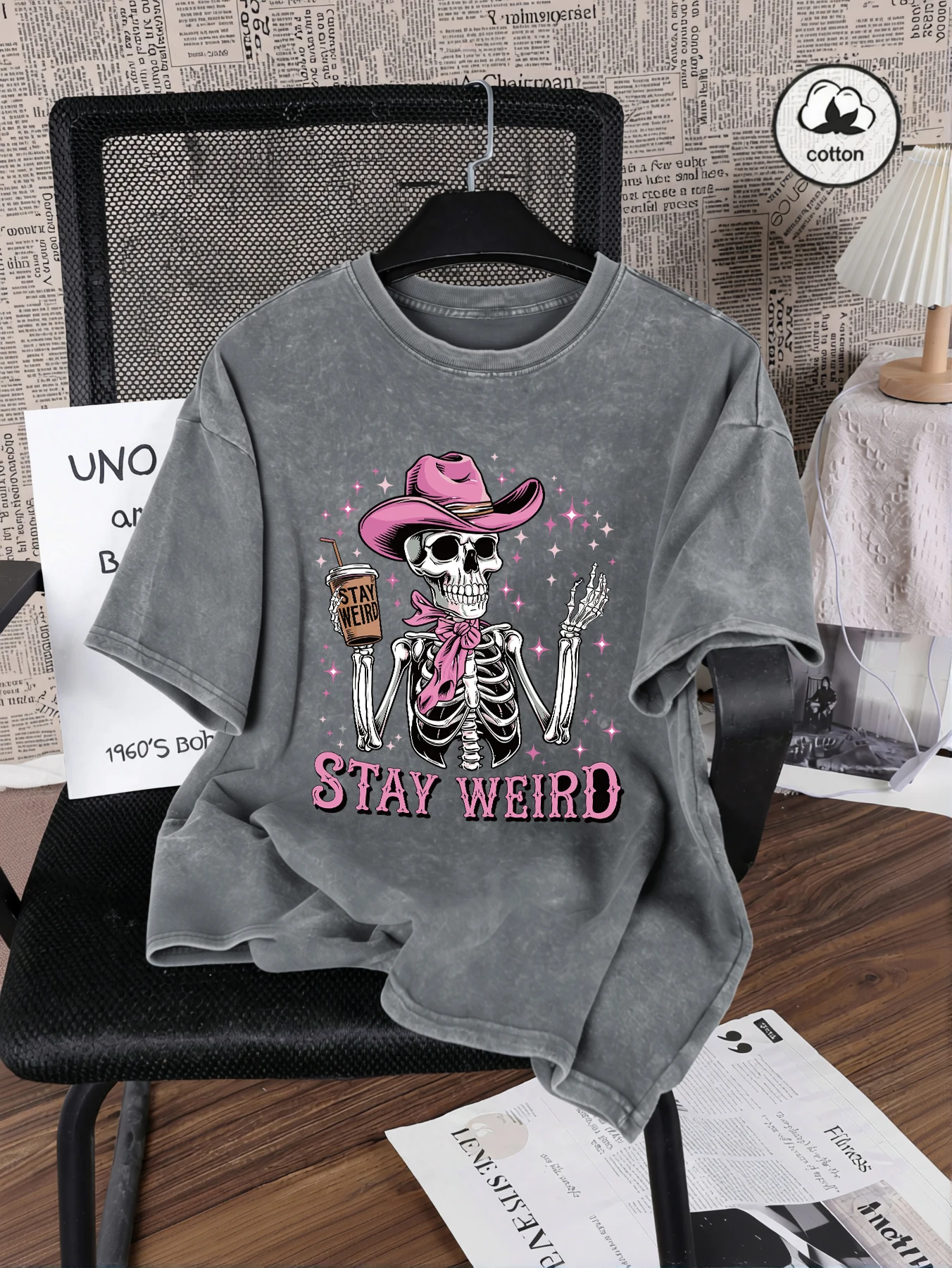 Bleiben Sie seltsame Schädel bedruckte gewaschene T-Shirts Damen Sommer weiches T-Shirt atmungsaktiv Y2K kurze Ärmel lässige Baumwolle Streetwear