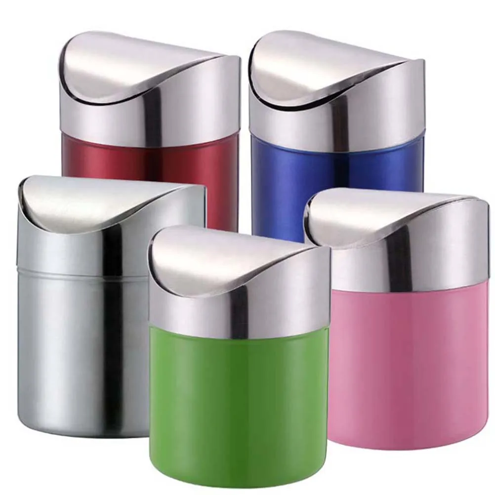 

Stylish Trash Can Compact Size Easy to Use Blue Silver Waste Container Metal Desk Bin Kitchen Bedroom Bathroom Office Stainless