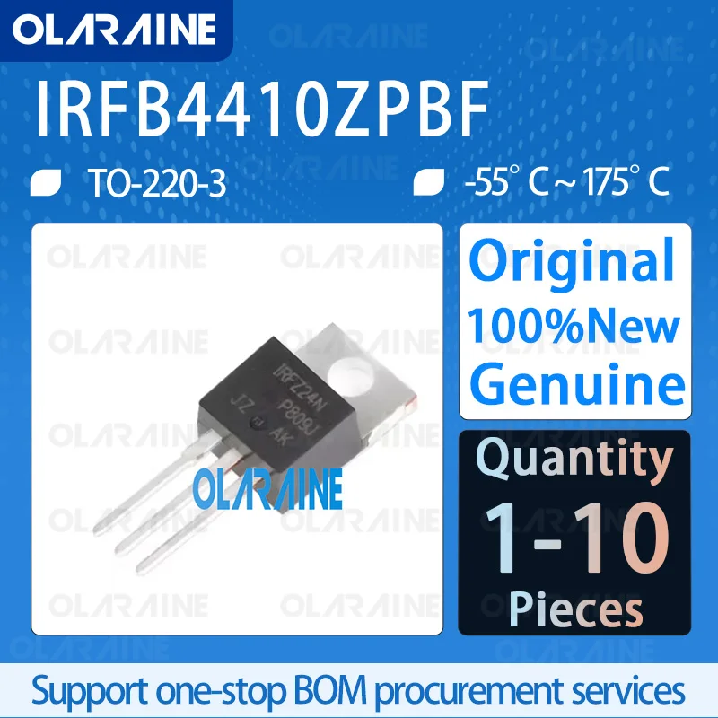 

1/5/10Pcs 100%New Original IRFB4410ZPBF TO-220-3 Transistor MOSFET N-Channel Id-CW drain current 97 A Threshold voltage: 1.8 V