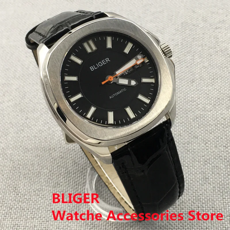 Bliger 40mm Silver Leather Strap Green Luminous Dial Sapphire Glass Back NH36A Automatic Movement Men\'s Wristwatch