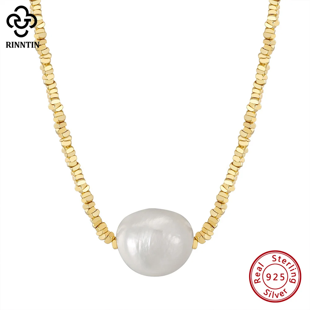 

Rinntin 925 Sterling Silver 14K Gold Nugget Chain Necklace with 11mm Freshwater Baroque Pearl for Women Exquisite Jewelry GPN36