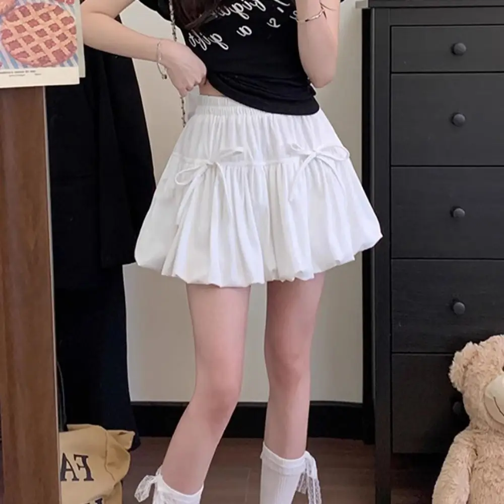 Sweet Polyester Bubble Skirt Bow Decorated Puffy Silhouette Bow Half Skirt Bud Shape Hem Short Length Puffy Skirt Bottom Women