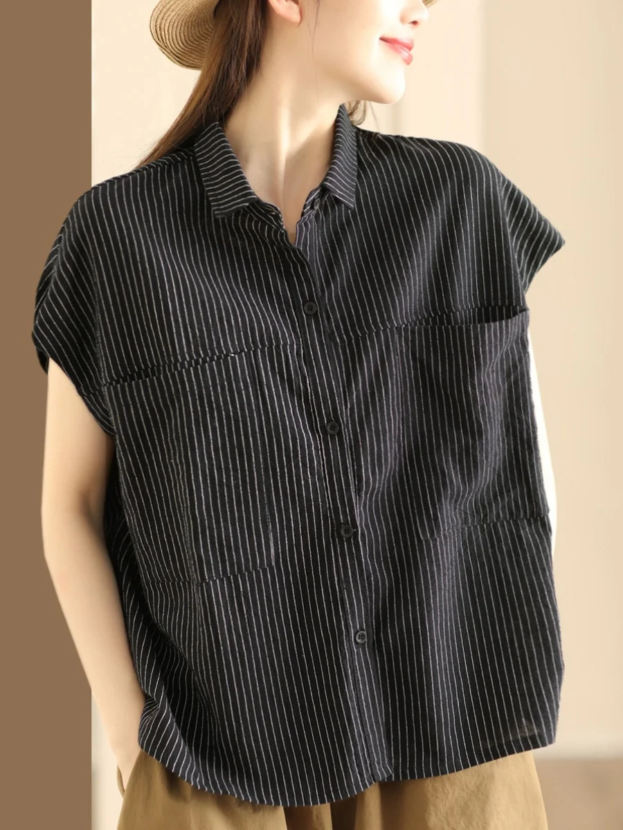 

Retro Striped Cotton Linen irt Women's Summer Casual Turn-down Collar ort Sve Large ket irt Loose Top