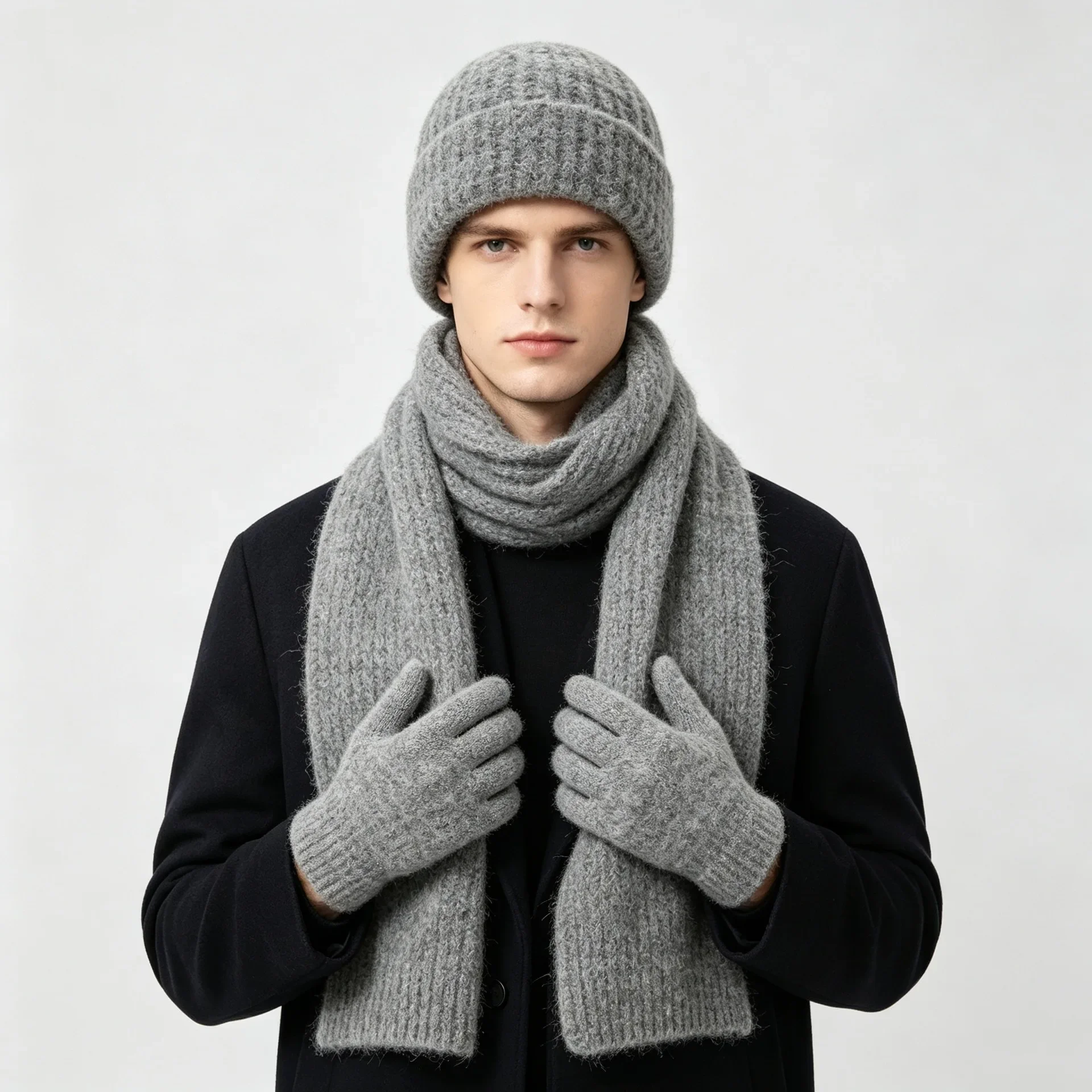 Winter Knit Hat Scarf Gloves 3 Piece Set Wool Blend for Men Women Adult Knitted Beanie Cap