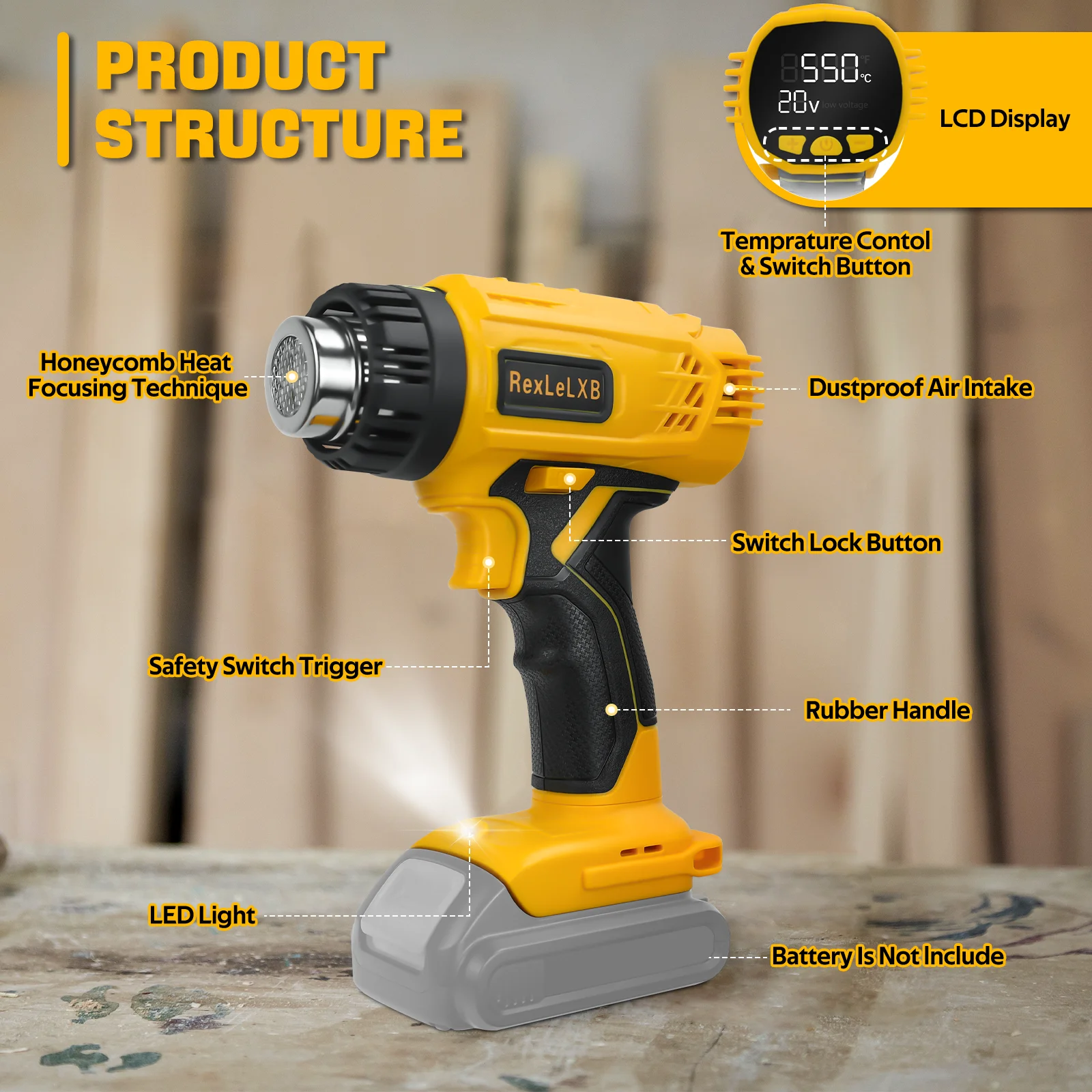 RexLeLXB 400W Cordless Heat Gun Electric Soldering Hot Air Gun 50℃-550℃ Fast Heating Shrink Wrapping for Dewalt 20V Battery Pin