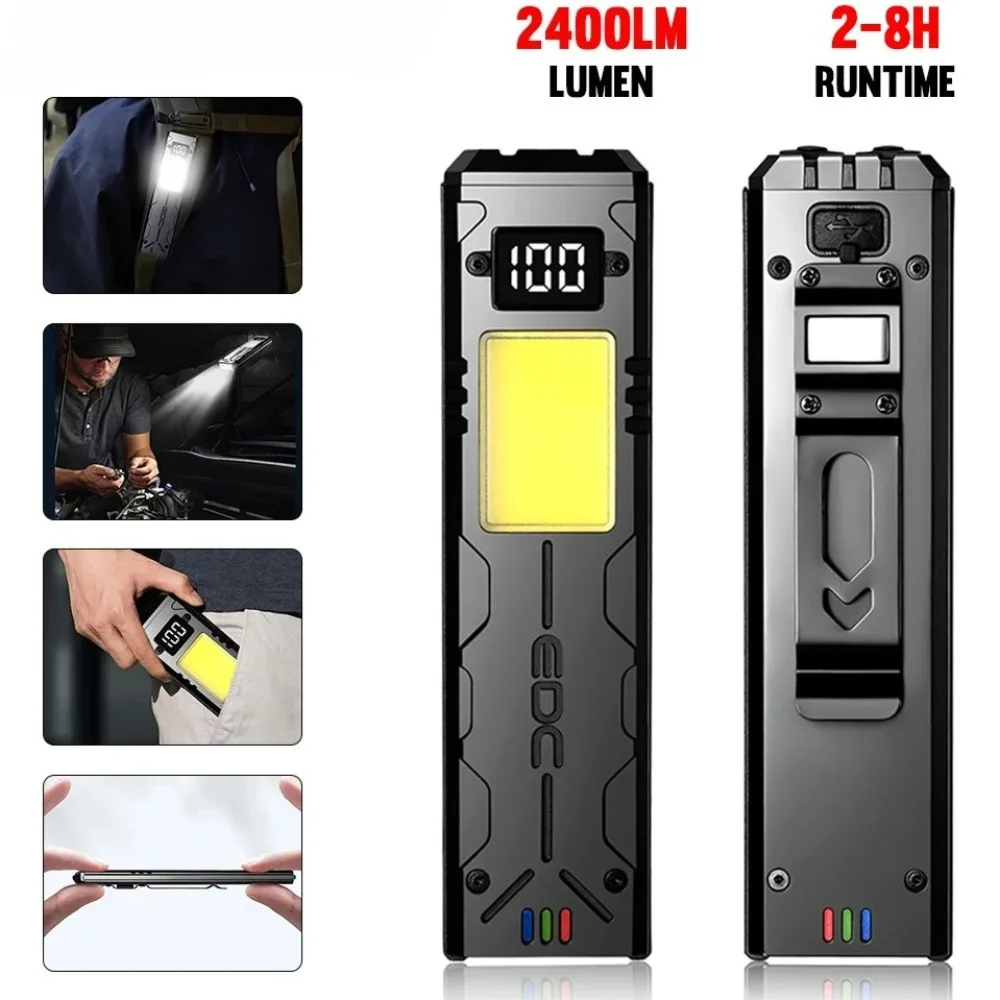 Multi-function EDC LED Flashlight Ultra Thin Mini Pocket Torch with Real Time Power Display Handy Light for Inspection