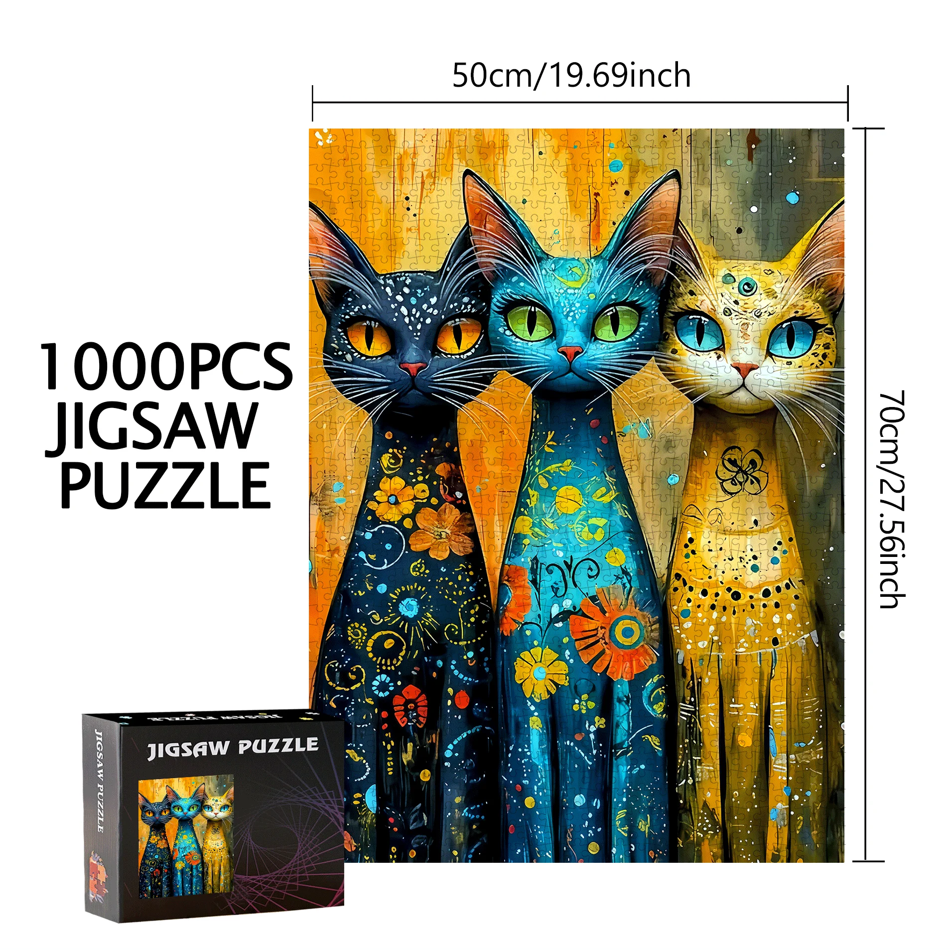 500 قطعة أو 1000 قطعة من أحجية الصور المقطوعة الكبيرة جدًا - صعوبة 5A مع ألوان نابضة بالحياة وتصميم قطة معقدة، وسائط داخلية