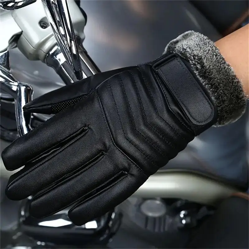 Gloves Winter MEN'S Fur Mouth Plush Insulation Gloves Outdoor Cycling Motorcycle PU Touch Screen Cotton Gloves