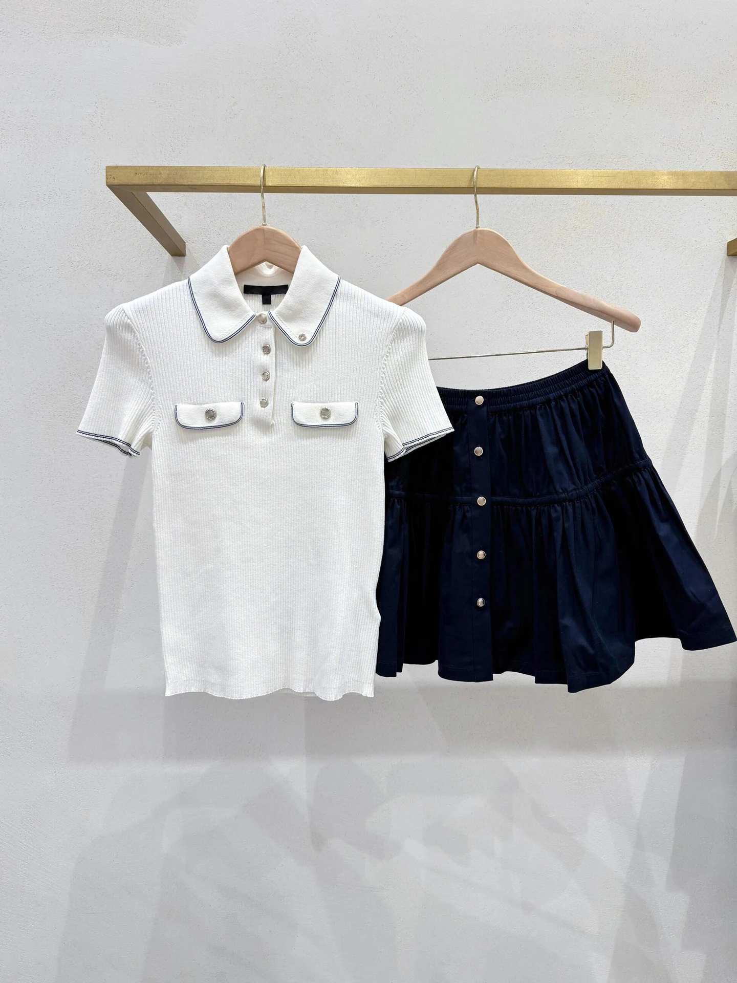 

M Home Nan You High End Women's Summer Slim Fit Knitted Top And f Skirt Set ort Sve Button up irt Sle Pure Color