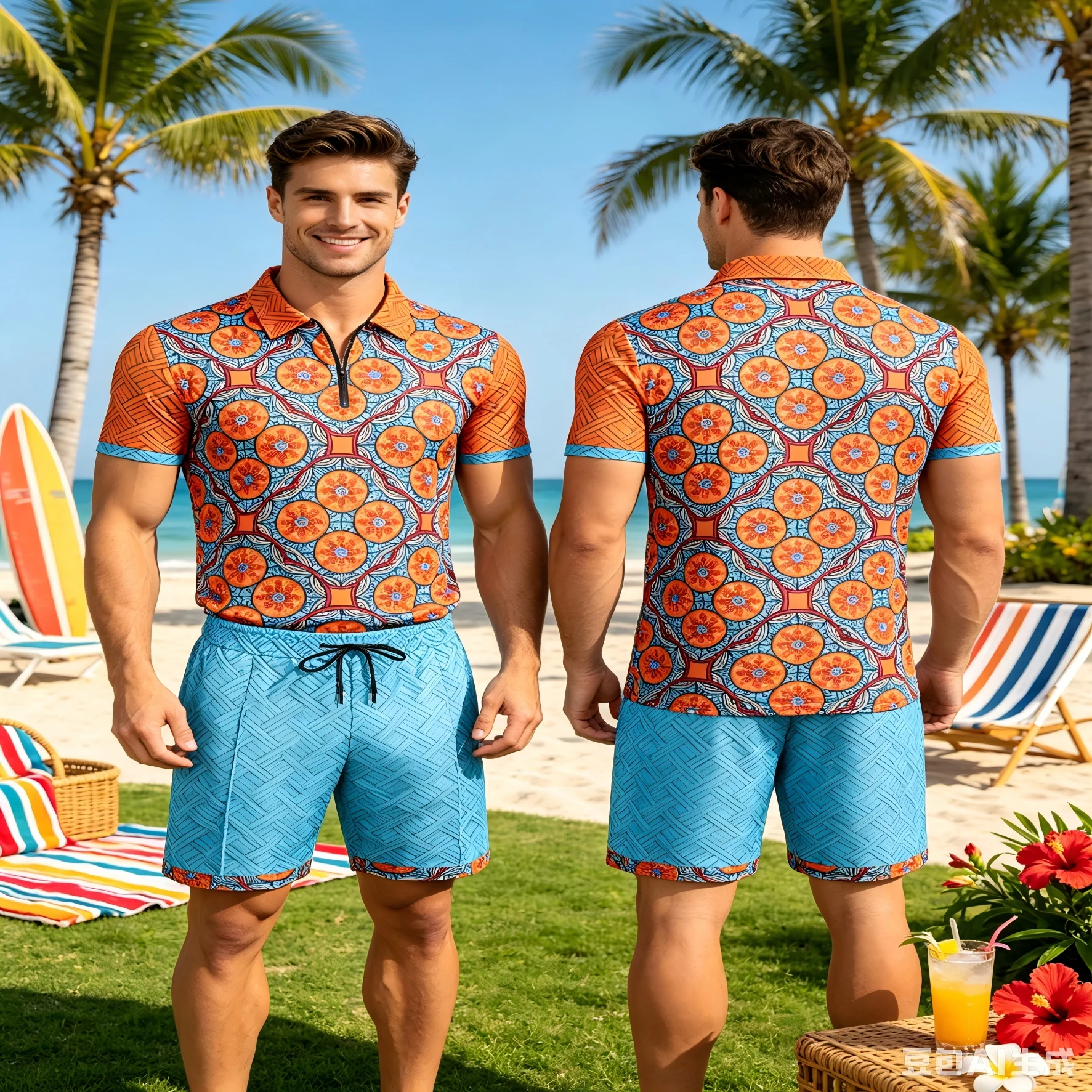 Men Floral Print 2 Piece Set, Quarter Zip Short Sleeve Polo Shirt with Drawstring Shorts, Summer Beach Casual Matching Outfit view 6