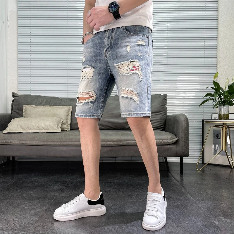 

Men's 2026 Summer Ripped Denim Shorts Stretchy High Street Jean Shorts Casual Knee Length Pants Streetwear