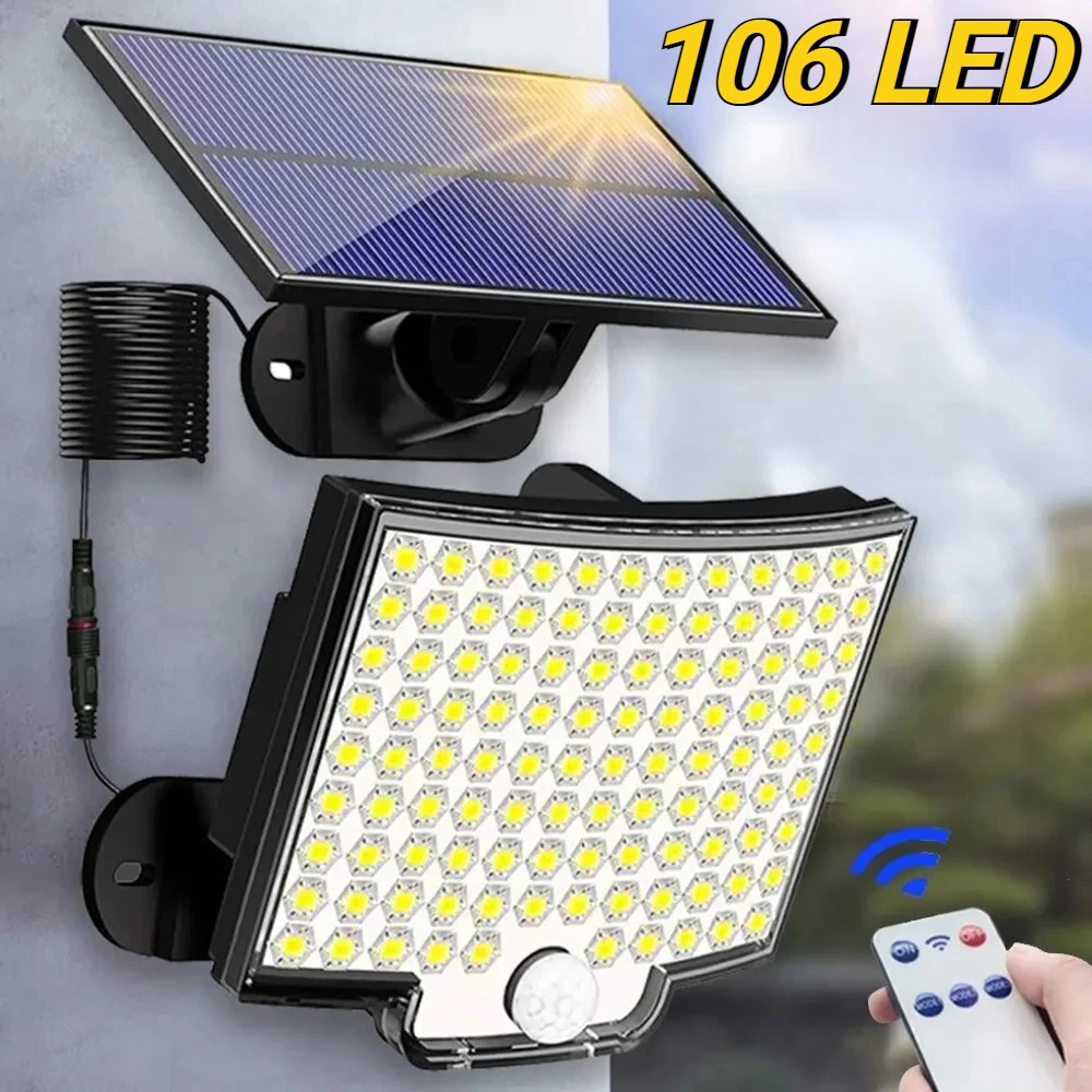 

106LED солнечный свет датчик движения открытая отдельная панель солнечные настенные светильники для заднего двора пульт дистанционного управления водонепроницаемая энергосберегающая лампа