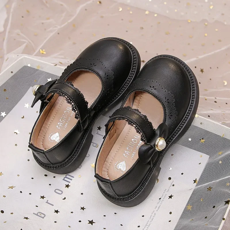 2024 Children Leather Shoes for Girls Autumn New Fashion Soft Comfortable French Style Anti-slippery Princess Elegant Lace Flats