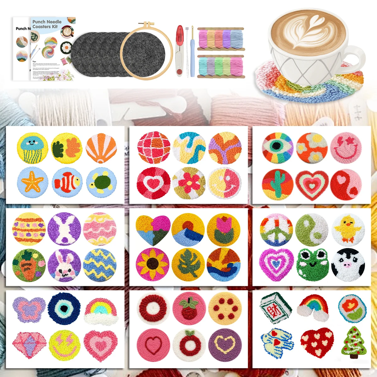 

GATYZTORY Mini Punch Needle Coasters 6pcs cartoon Table Decoration And Accessories Individual Table Placemats Cross Stitch Kits