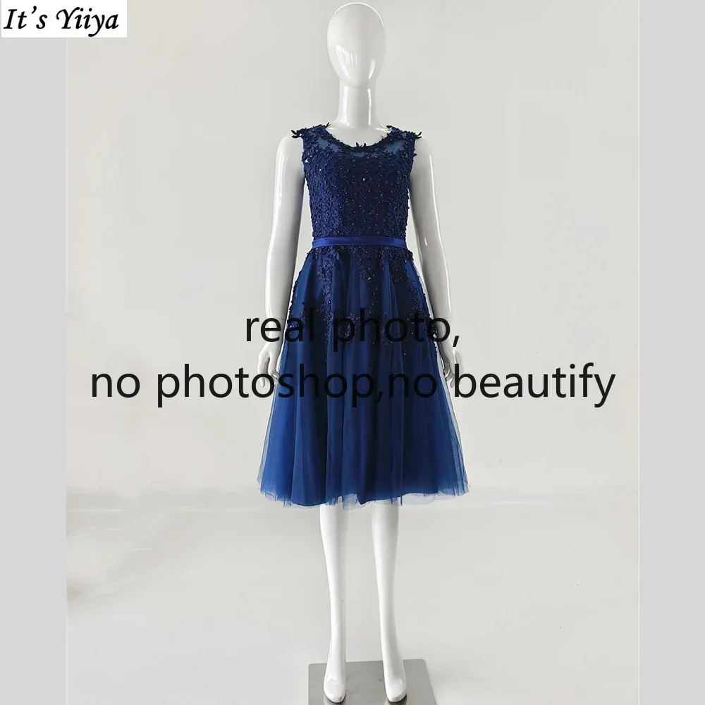 

It's Yiiya Customized Real Photo Evening Dress Navy Blue Embroidery Beads O-neck Tea-length Plus size Women Formal Party Gown