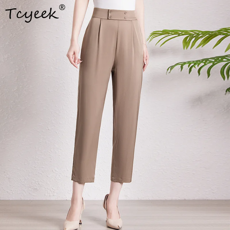 

Tcyeek, элегантные узкие брюки из натурального шелка 9%, женские однотонные брюки с ощущением воздуха, костюмные брюки в стиле ретро, новинка лета 2024, осень B47587QM