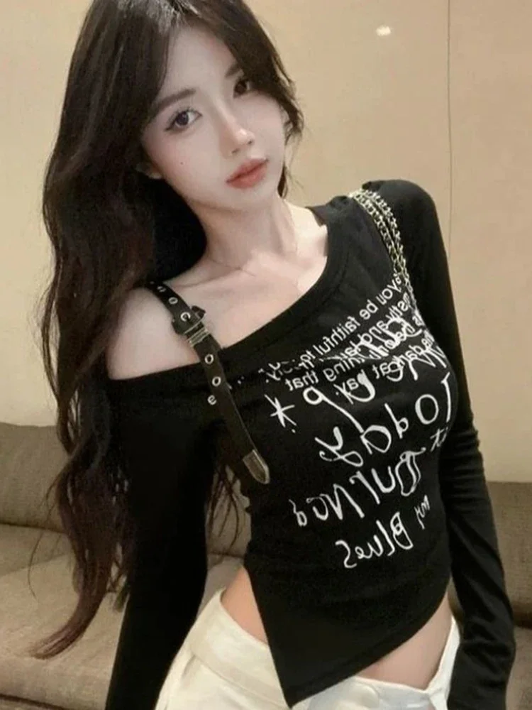 

Subcultural Y2k Irregular Slim Waist Women's T-shirt American Letter Printed Top Autumn White Tee Graphic T Shirts Grunge