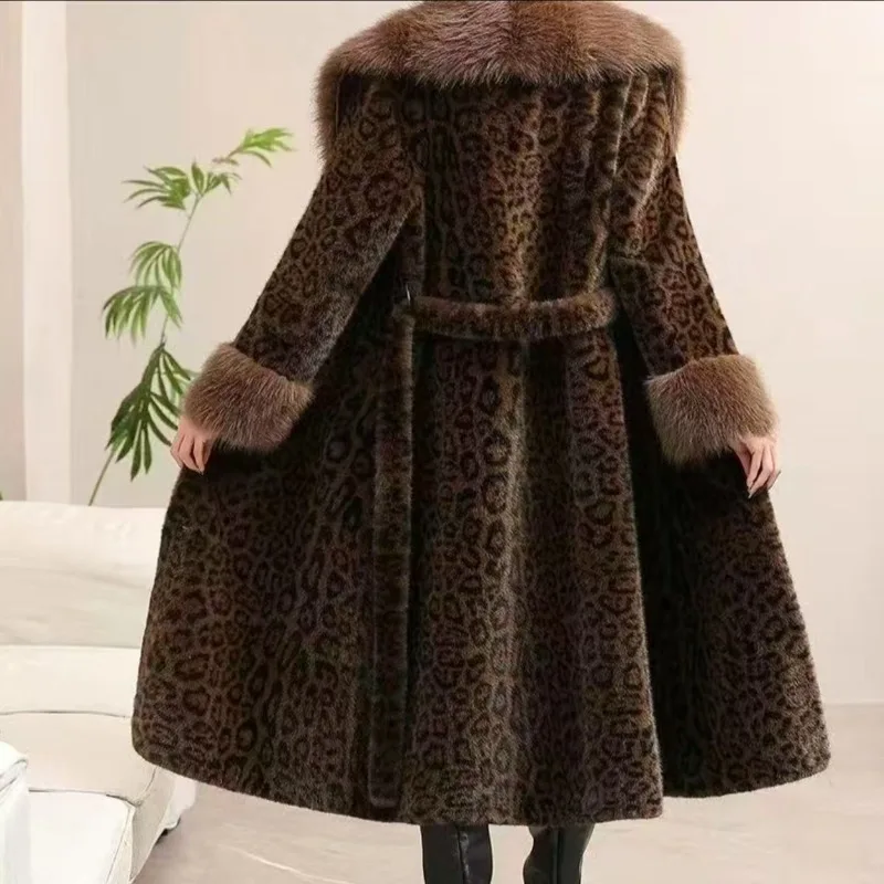 Women's Clothing New Leopard Print Long Faux Fur Coats Trench Coats One-piece Chic Winter Warm Fashion Thicken Fur Collar Belt
