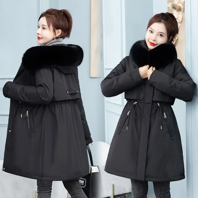 Women 2023 Wool Collar Cotton Coat Pai Overcomes Mid Length Cotton Coat Korean Version Slim Fit and Slim Thick Coat