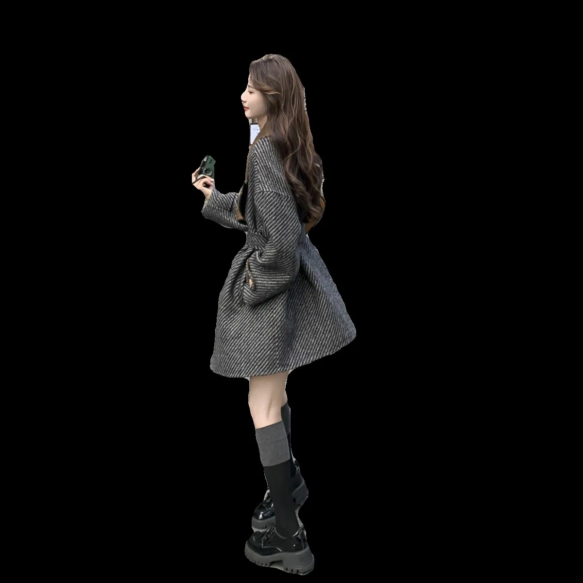 معطف تويد نسائي للخريف والشتاء للتخسيس Sle هيبورن Sle طويل Sve بزر واحد للإغلاق متوسط الطول لون نقي #5