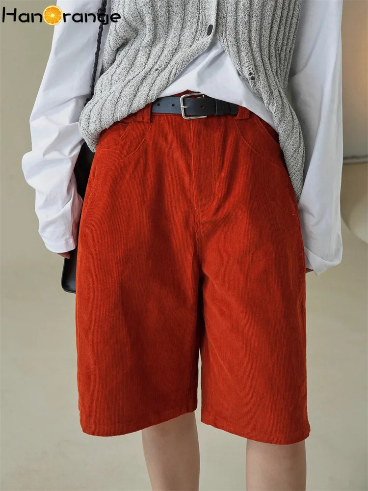 

HanOrange 2025 Early Spring Fashion Retro Corduroy High Waist Straight Leg Capris Women Loose Knee Length Pants Orange Red/White