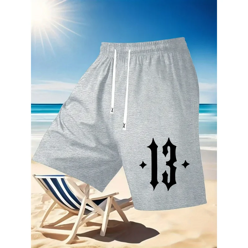 Gothic Numbers 13 Printed Men's Summer Drawstring Casual Sports Loose Shorts, Suitable for Outdoor, Comfortable and Versatile