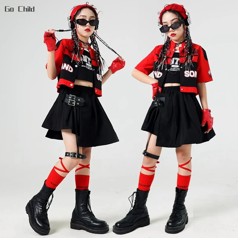 Girls Hip Hop Motorcycle Short Sleeve Crop Jacket Cargo Pants Boys Street Dance Coat Kids Jazz Clothes Sets Children Streetwear