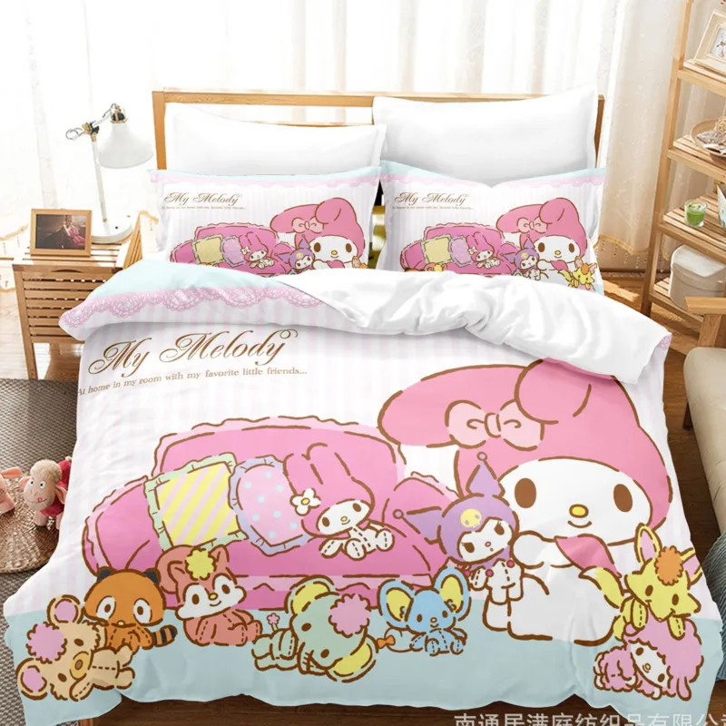 Imagem -05 - Conjunto de Cama Sanrio Cartoon para Meninas Anime Hello Kitty Kuromi Melody Colcha Capa de Edredão Fronha Pompompurin Cinnamoroll Conjunto de Cama