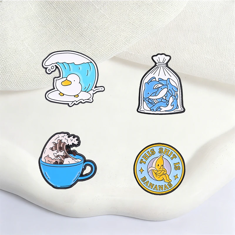 Ocean Wave Duck Banana Slogan Whale Enamel Pins Cute Cartoon Metal Brooches Fashion Lapel Badge Backpack Clothes Jewelry Gift