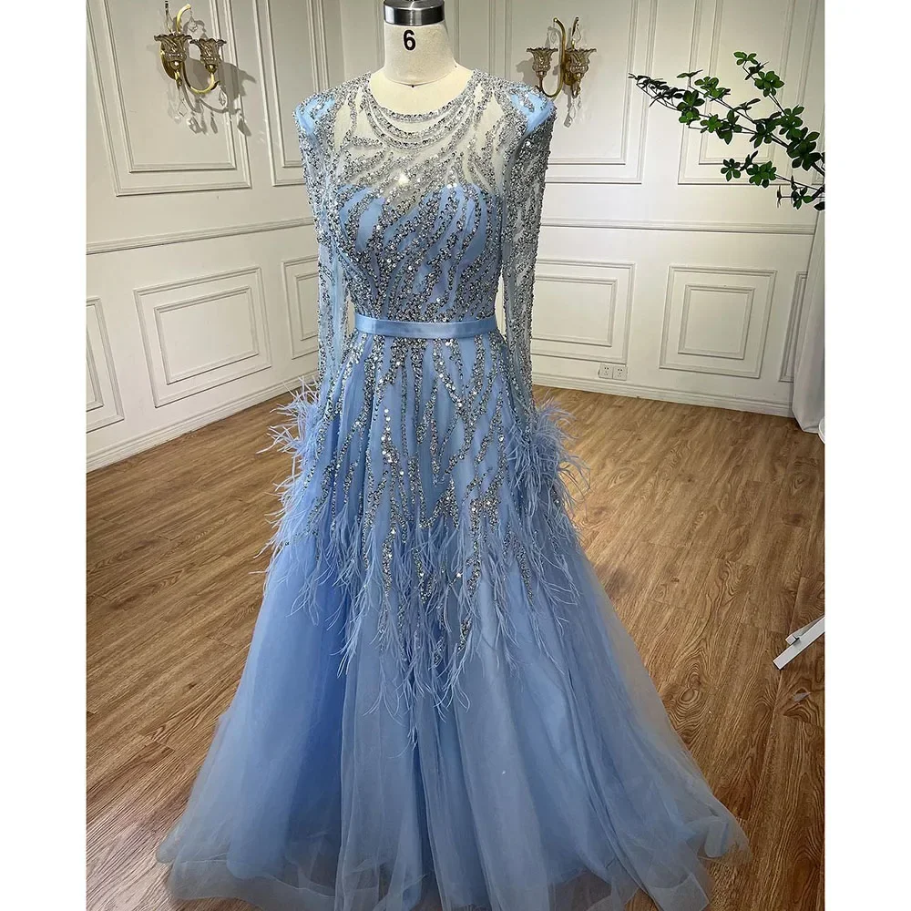 Serene Hill Blue A Line Long Sleeves Feathers Beaded Evening Dresses Wedding Party Gowns for Women DLA71993 Customized