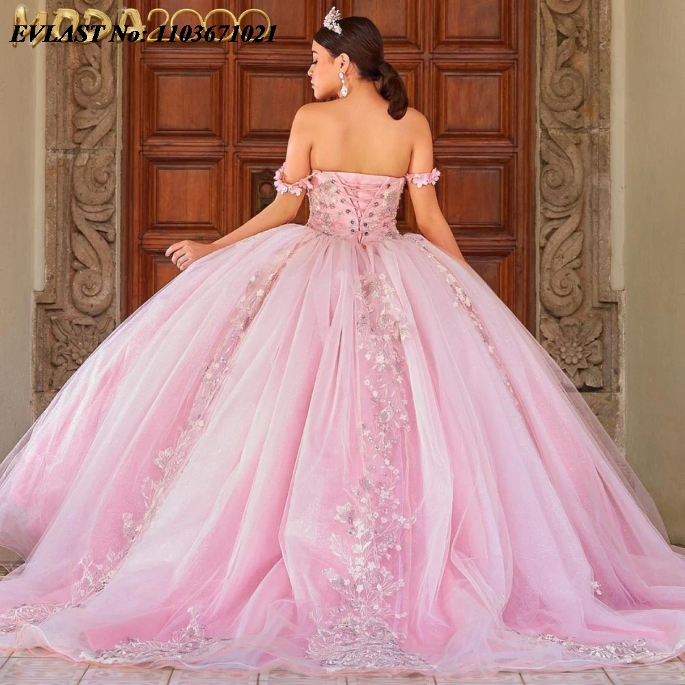 Evlast Pink Quinnceanera Jurk Baljurk 3d Bloemen Applique Kralen Kristal Met Cape Korset Sweet 16 Vestidos De 15 Anos Sq599