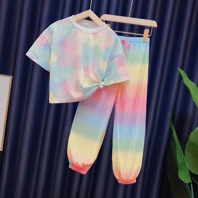 

Girls 2024 Summer New Fashion Ice Silk Rainbow Gradient Color Loose 2 pcs T-shirts+pants Suits 3-12 Years Kids Tie-dyed Clothing