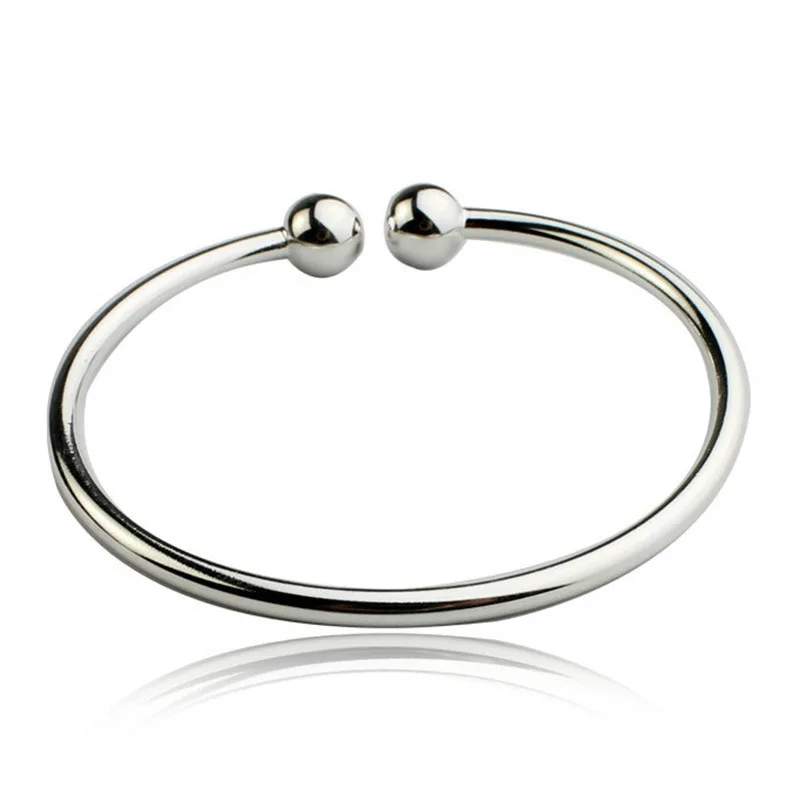 

925 Sterling Silver Smooth Solid Bead Bracelet Cuff Bangles Unisex Wedding Engagement Party Fashion Jewelry