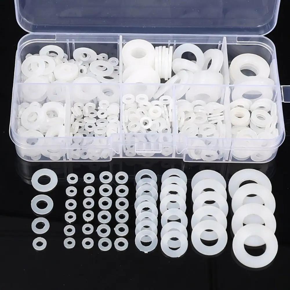 500Pcs New Seals O Ring Assortment Kit Nylon Washer Flat M2-M10 Plane Spacer Black White 8 Sizes Insulation Gasket Ring