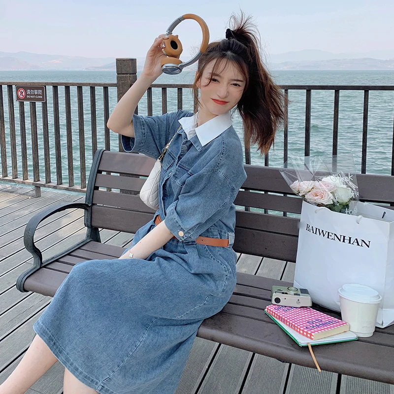 

Women Soft Denim Dress with Belted 2024 Summer New Vintage Elegant Short Sleeve Patchwork Lapel Slim Cowboy Shirt Dresses 2766