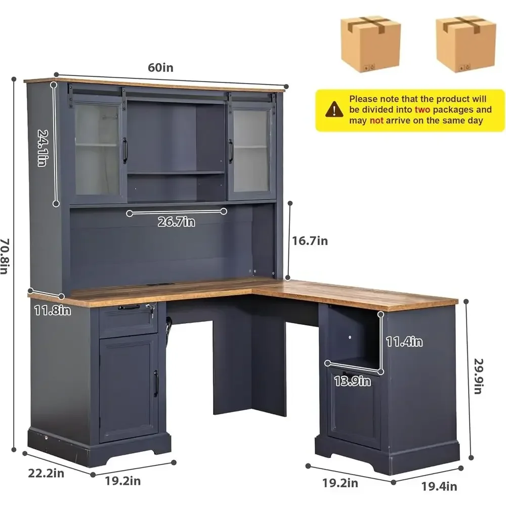 60 L-Shaped Desk with Hutch, Executive Style, Lockable Drawers, Built-in Outlets, Adjustable File Drawer, Antique Blue