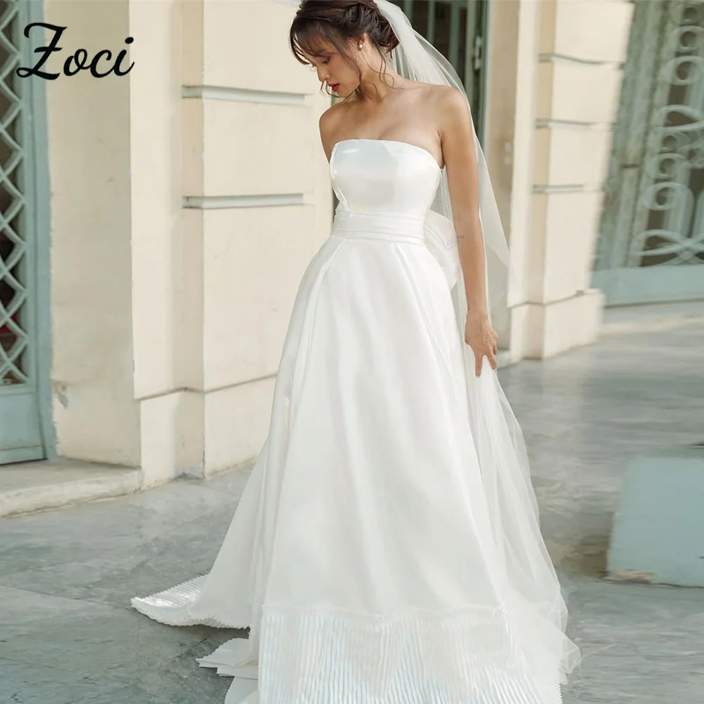 

Zoci Modern Strapless Korea Wedding Dresses Satin Pleats Layered Photo Shoot Dress Customized Big Bow Backless Bridal Party Gown