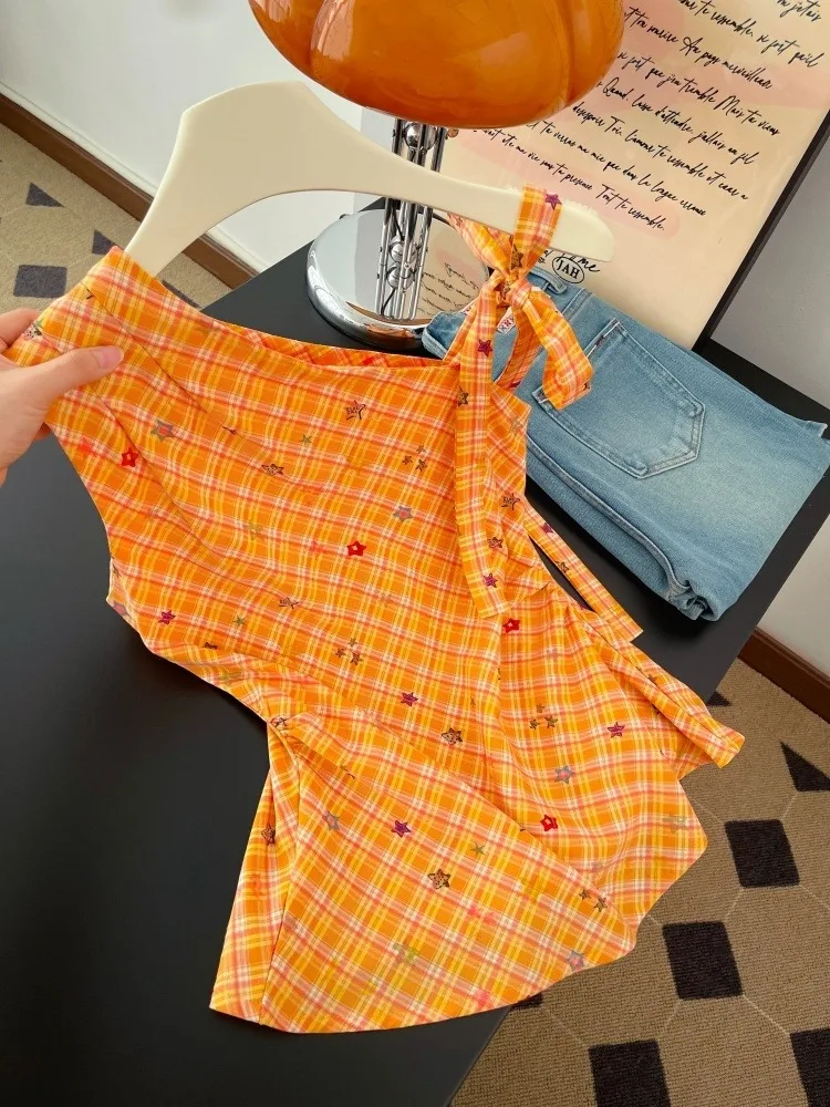 

Dopamine Star Print Gingham Shoulder Strap Vest Women's Summer Slimming Top Sleeveless Tie Waist Casual Cotton Blend