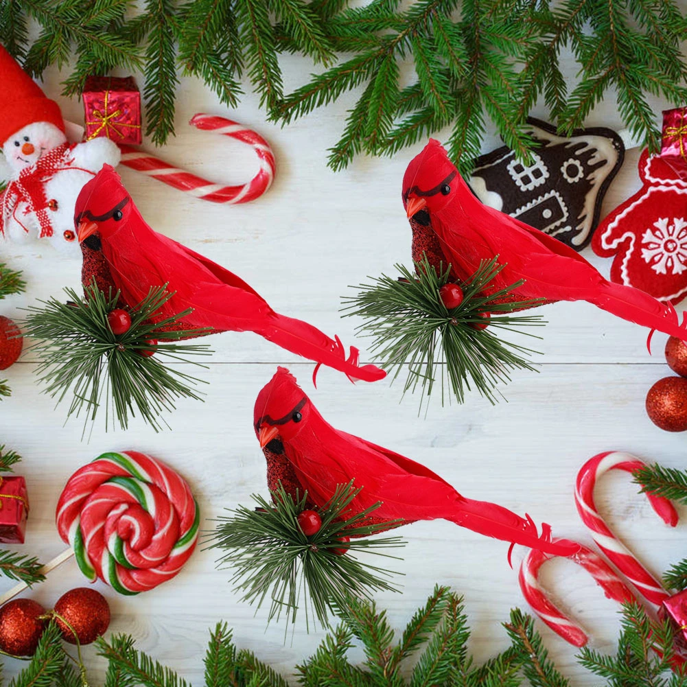 10Pcs Lifelike Cute Cardinal Clip On Christmas Tree Decoration Festival Decor Red Feathers Artificial Birds Household