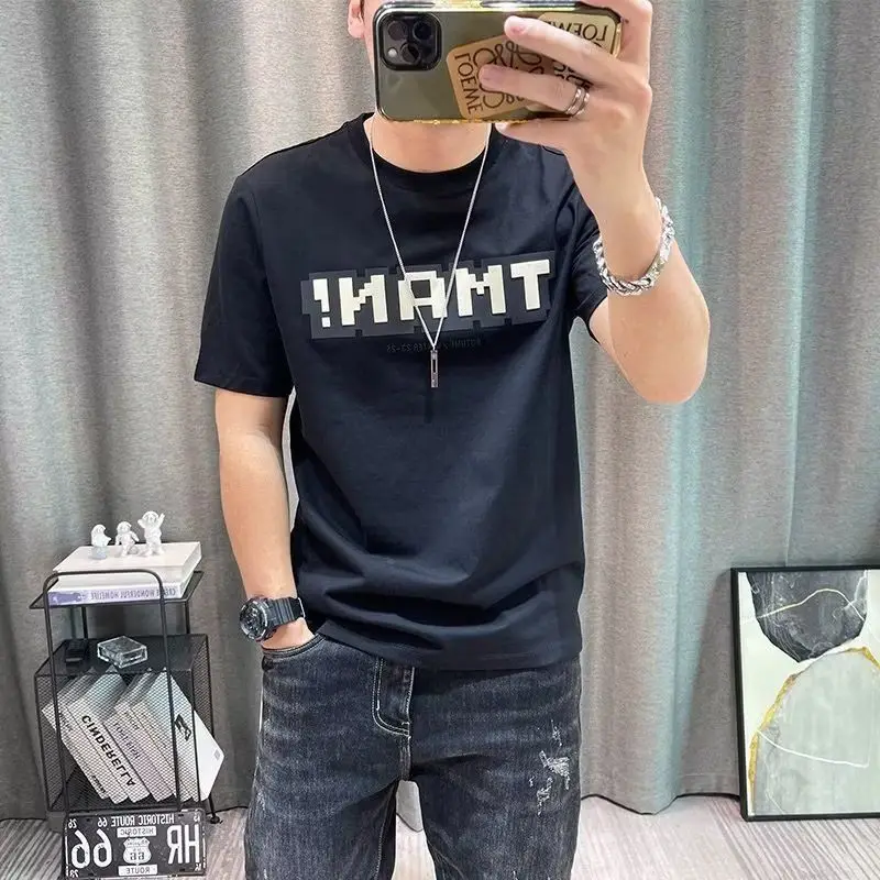 تي شيرت رجالي ضيق بنصف كم أخضر ، قمم قطنية كاجوال برسومات ، قميص مطبوع بحروف ، تيشيرتات عصرية للشباب ، صيف ، جديد ،