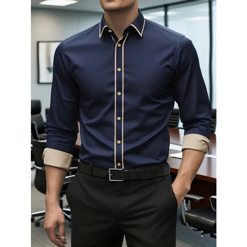 

2025 New Men Patchwork Shirt Fashion Long Sleeve Smart Casual Four Season Man Micro Elastic Shirts