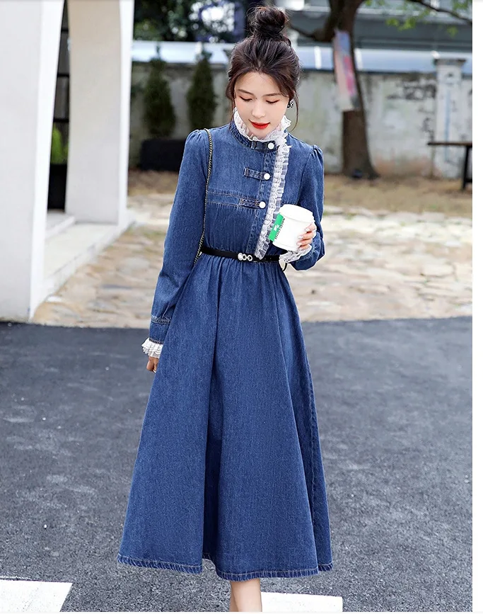 Large size spring and autumn Quality women\'s fresh sweet elegant style elegant lace stitching denim dress long dresses for women